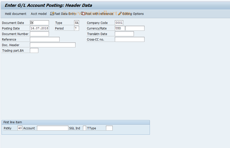 SAP TCode F-02 - Enter G/L Account Posting