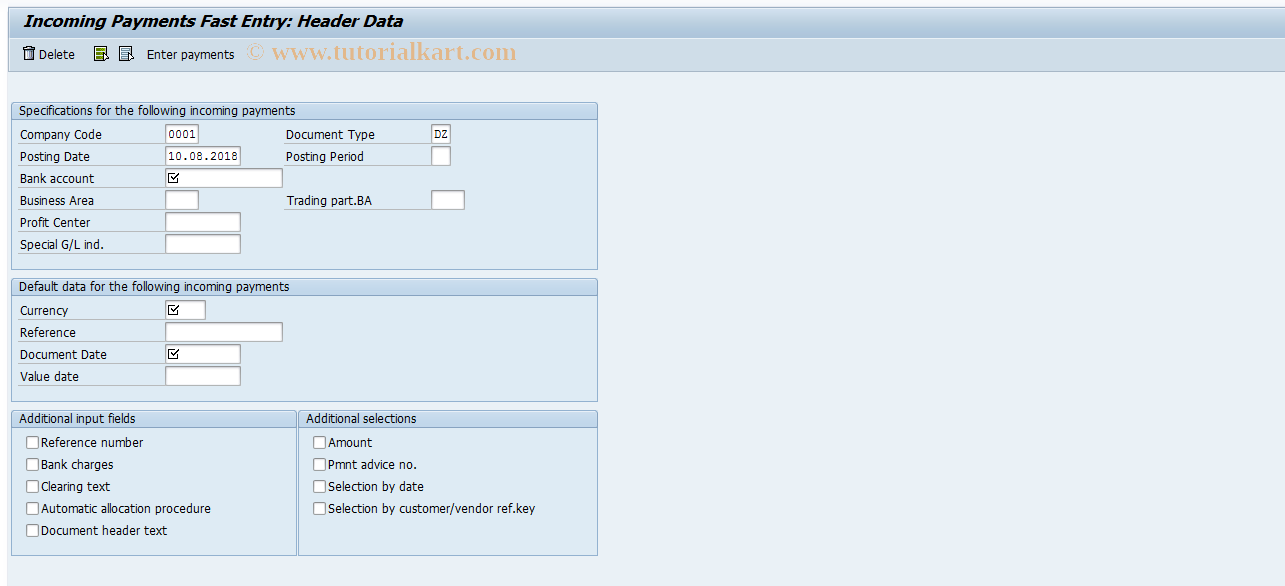 SAP TCode F-26 - Incoming Payments Fast Entry