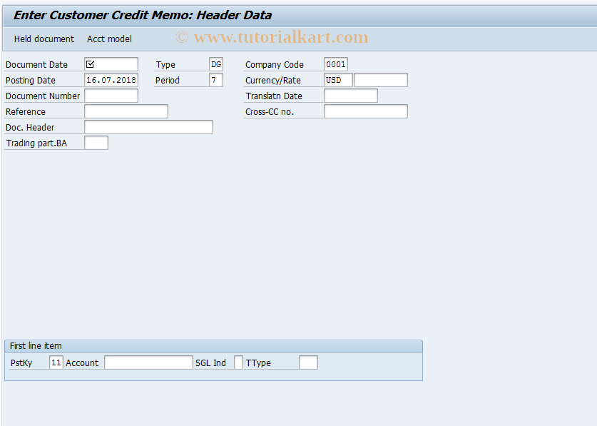 SAP TCode F-27 - Enter Customer Credit Memo