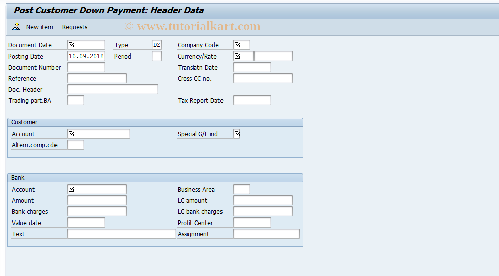 SAP TCode F-29 - Post Customer Down Payment