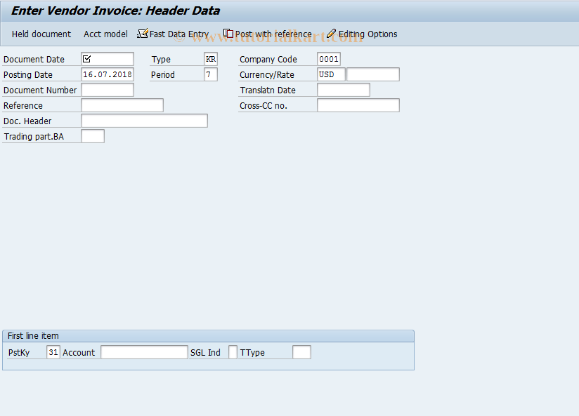 SAP TCode F-43 - Enter Vendor Invoice