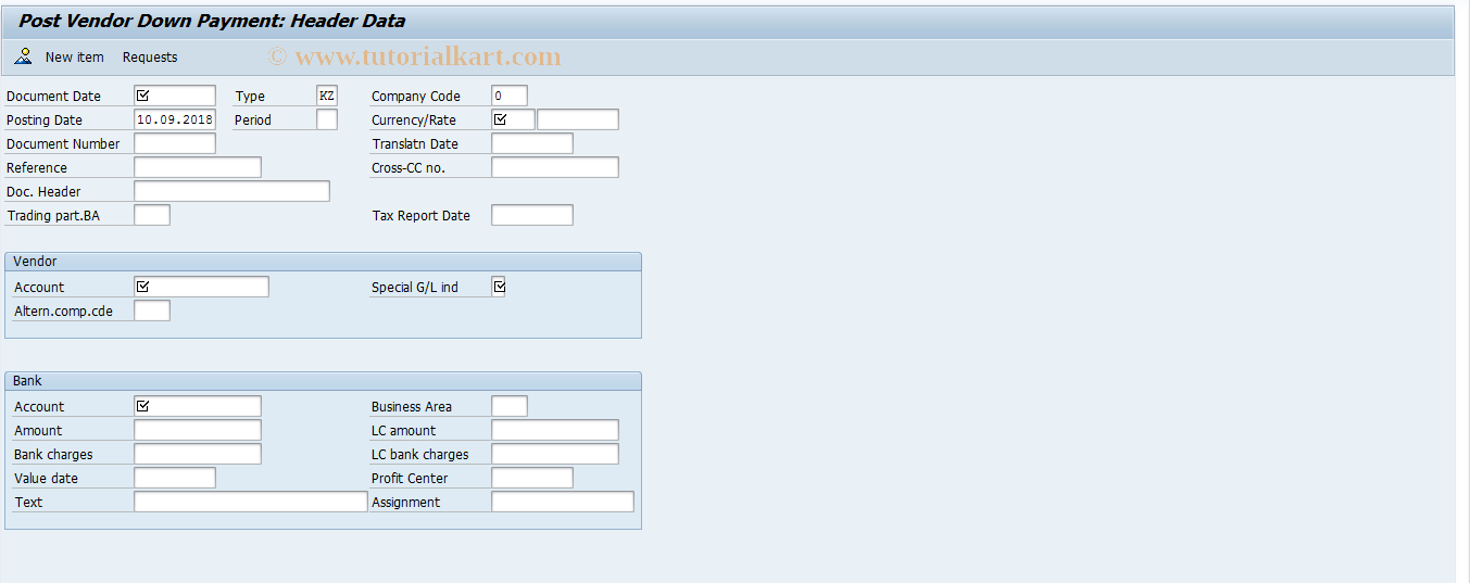 SAP TCode F-48 - Post Vendor Down Payment