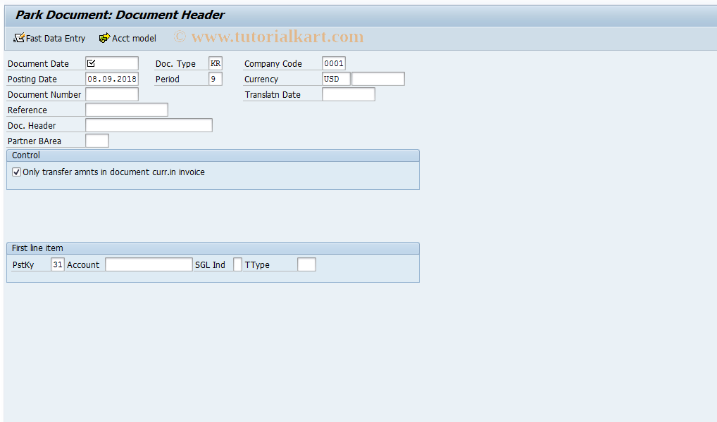 SAP TCode F-63 - Park Vendor Invoice