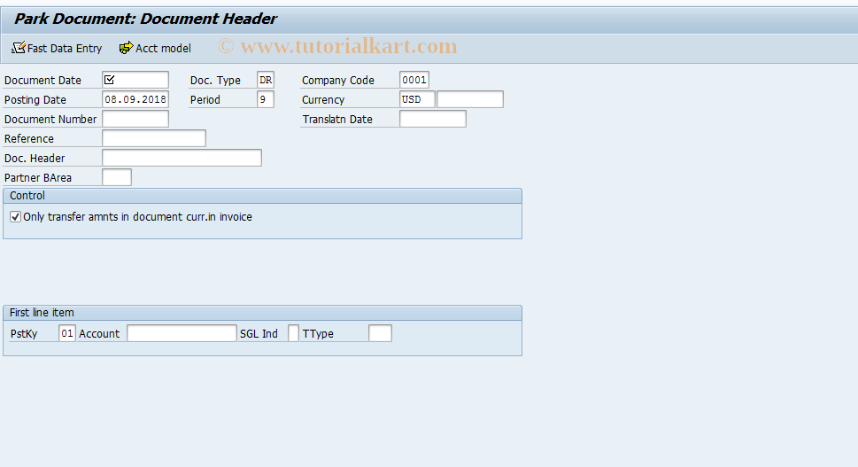 SAP TCode F-64 - Park Customer Invoice