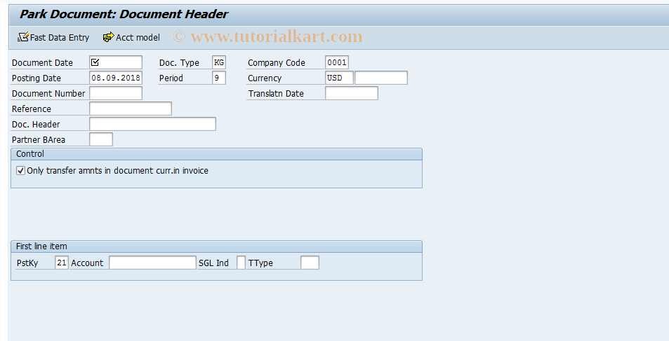 SAP TCode F-66 - Park Vendor Credit Memo