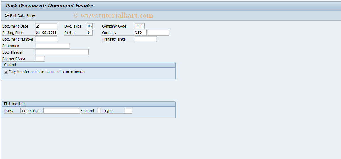 SAP TCode F-67 - Park Customer Credit Memo