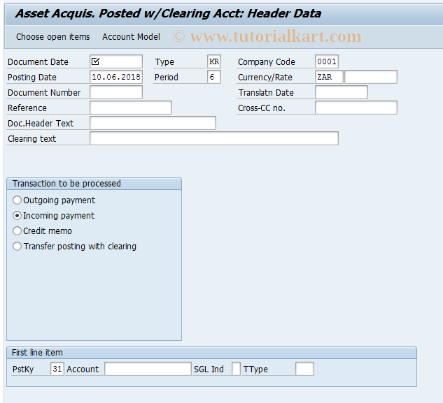 SAP TCode F-91 - Asset  Acquisition  Posted w/Clearing Account 