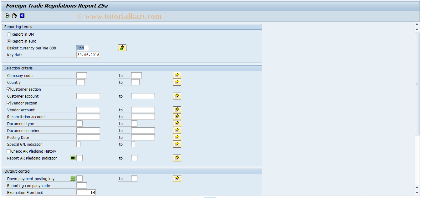 SAP TCode F.04 - G/L: Create Foreign Trade Report