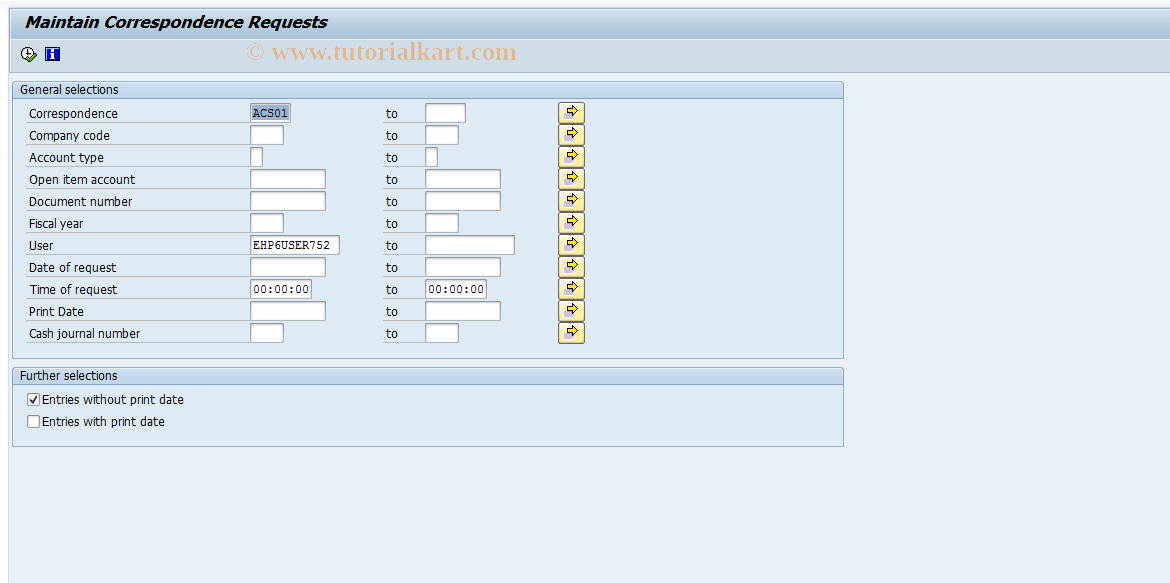 SAP TCode F.64 - Correspondence: Maintain Requests