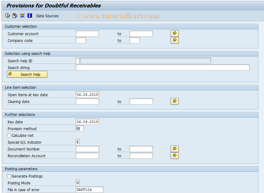 SAP TCode F104 - ABAP/4 Reporting: Receivables Prov.