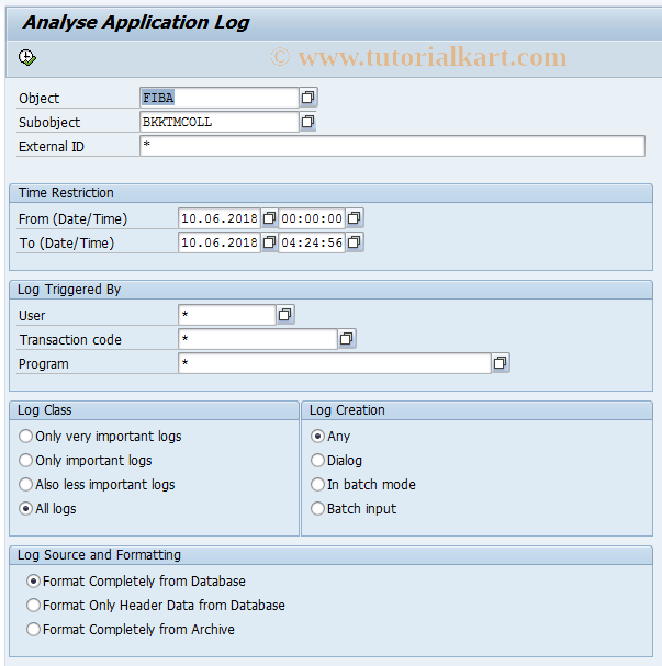SAP TCode F98TMCOLL - Application log: collection report