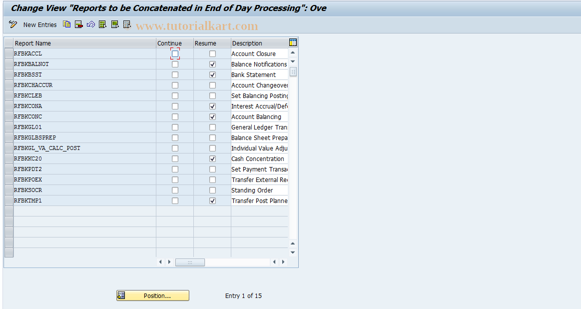 SAP TCode F9C11 - Maintain Reports End of Day Process.