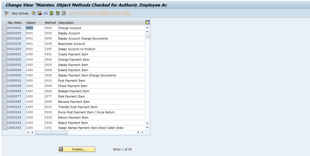 SAP TCode F9MEMPOBJM - Table Mainten. Object Meth. Empl.Accounts.