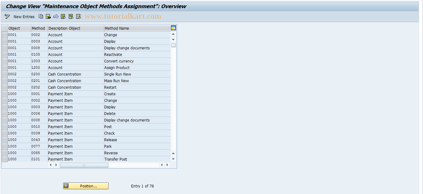 SAP TCode F9MOBJMETH - Table Mainten. Object -Meth. Assignment
