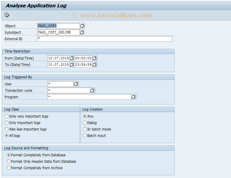 SAP TCode FAGLCOFILOGDISP - Display Application Log