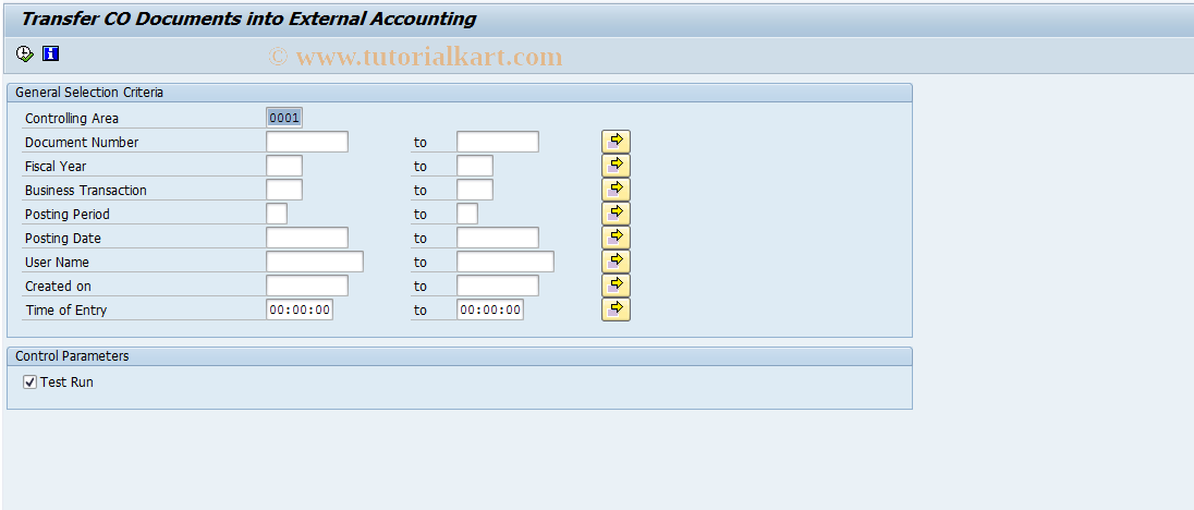 SAP TCode FAGLCOFITRNSFRCODOCS - Transfer CO Document into External Accounting