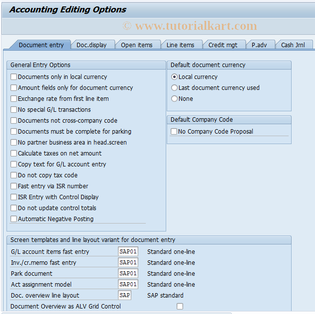 SAP TCode FB00 - Accounting Editing Options