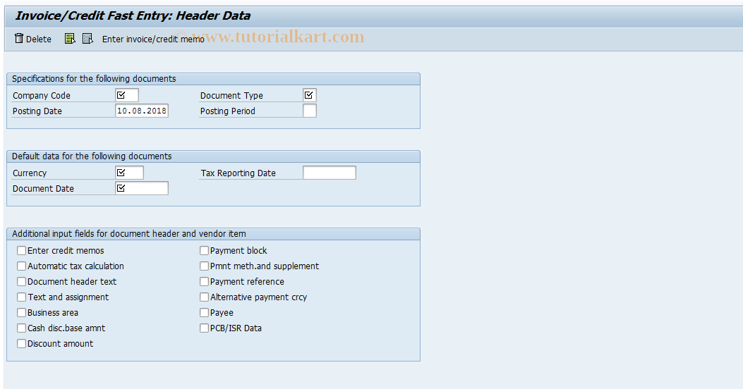 SAP TCode FB10 - Invoice/Credit Fast Entry