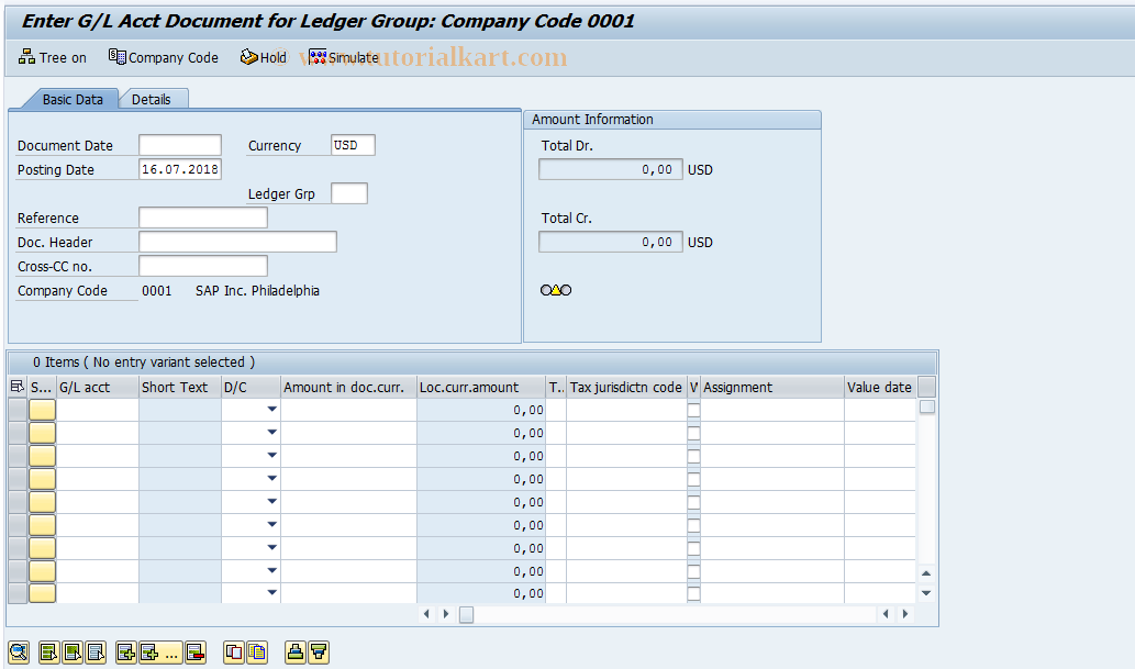 SAP TCode FB50L - Enter G/L Account Doc for Ledger Group 