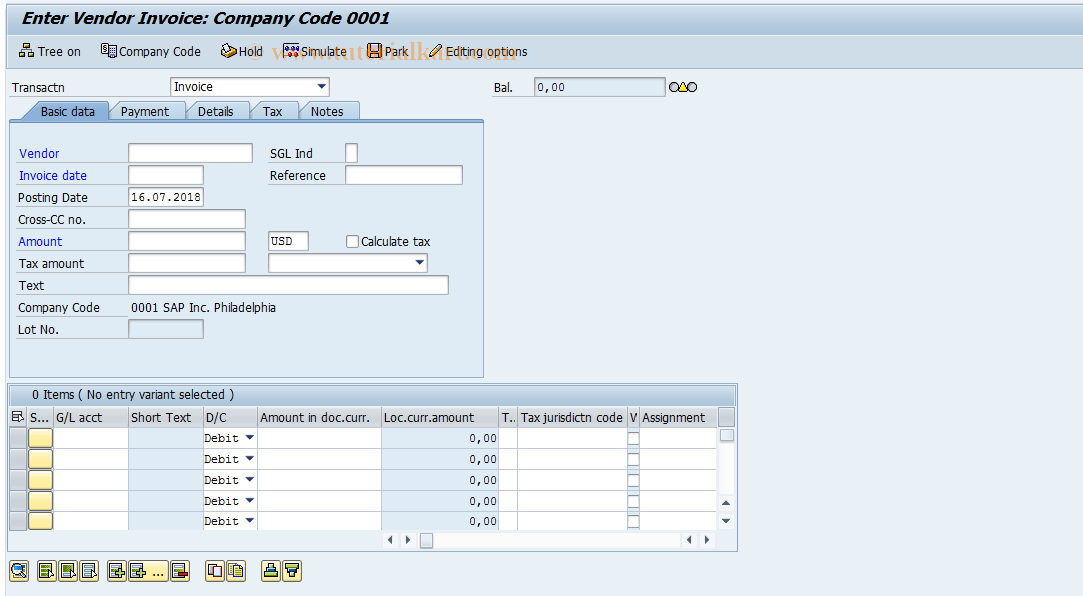 SAP TCode FB60 - Enter Incoming Invoices