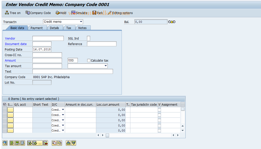 SAP TCode FB65 - Enter Incoming Credit Memos