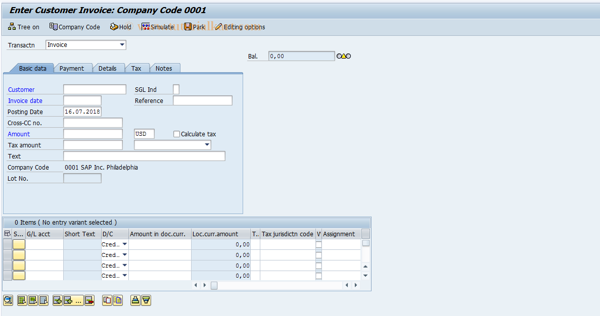 SAP TCode FB70 - Enter Outgoing Invoices