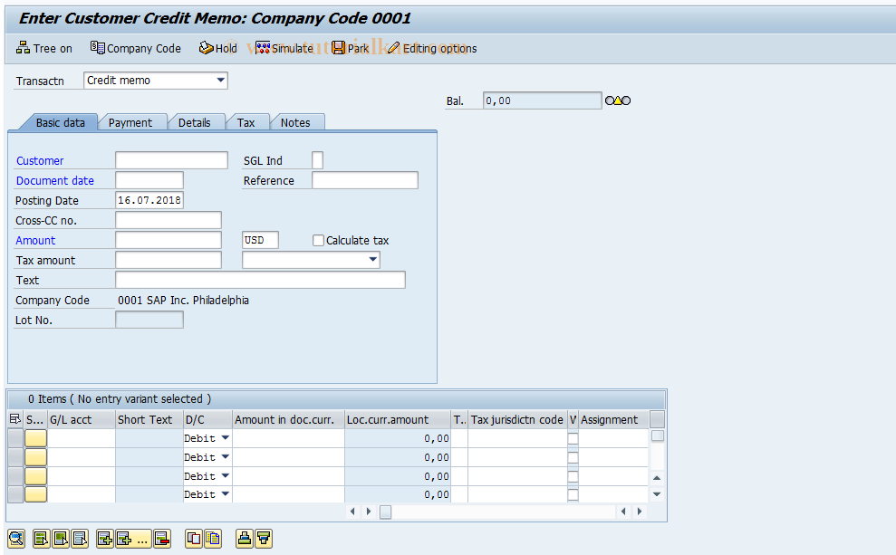 SAP TCode FB75 - Enter Outgoing Credit Memos