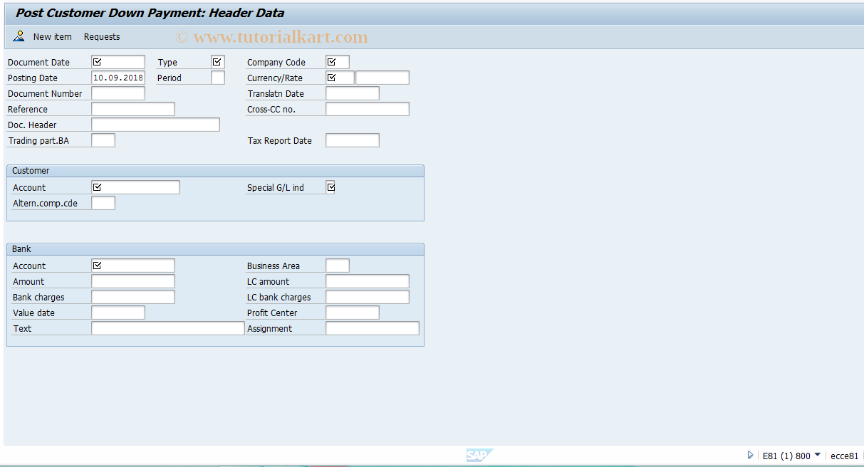 SAP TCode FBA2 - Post Customer Down Payment