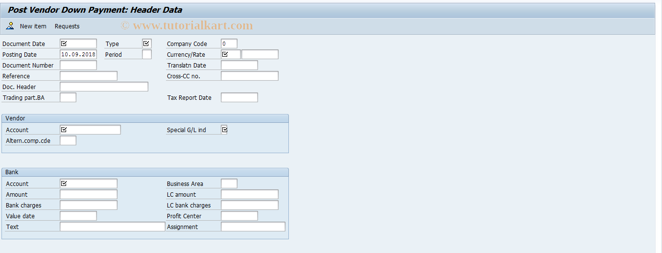 SAP TCode FBA7 - Post Vendor Down Payment