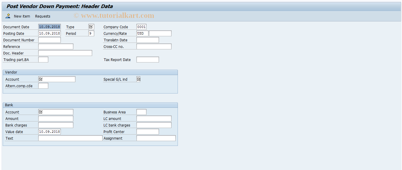 SAP TCode FBA7_OLD - Post Vendor Down Payment