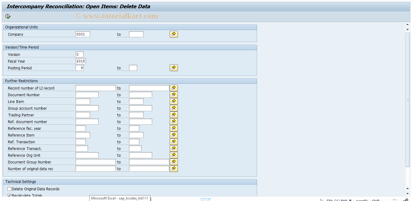 SAP TCode FBIC012 - Reconciliation: Delete Data