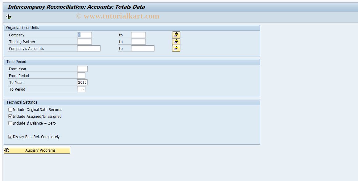 SAP TCode FBIC018 - Reconciliation: Totals Records