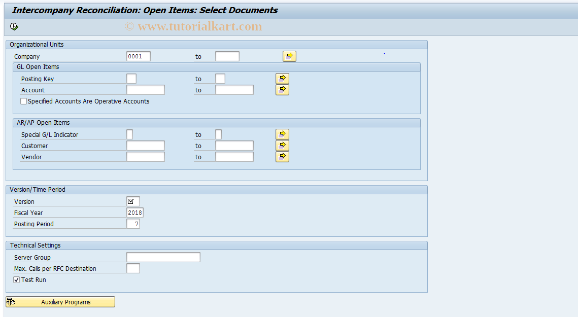 SAP TCode FBICS1 - GL Open Items: Select Documents