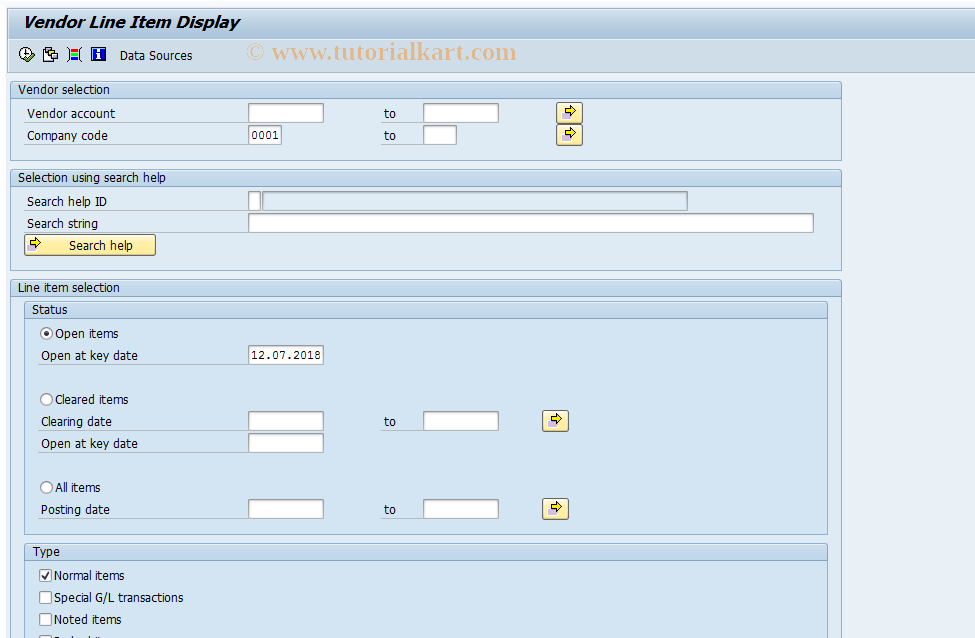 SAP TCode FBL1 - Display Vendor Line Items