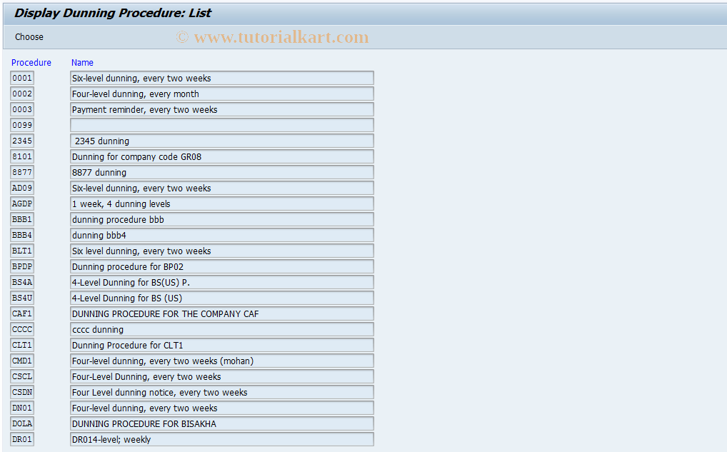 SAP TCode FBMA - Display Dunning Procedure