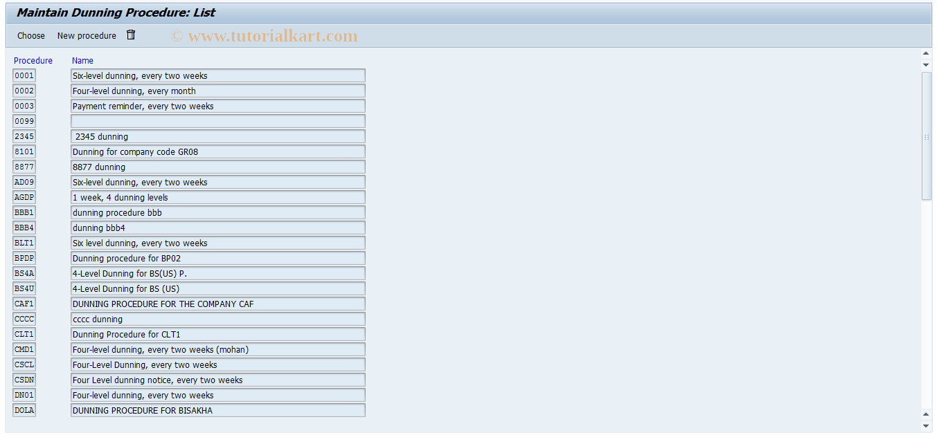 SAP TCode FBMP - Maintain Dunning Procedure