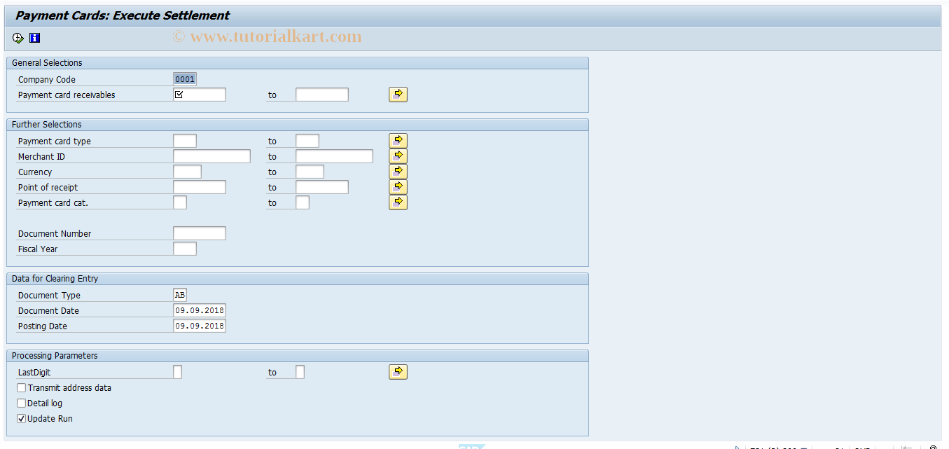 SAP TCode FCC1 - Payment Cards: Settlement