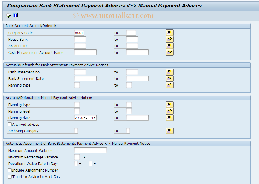 SAP TCode FFA1 - Compare Advices with Bk.Stmt Advices