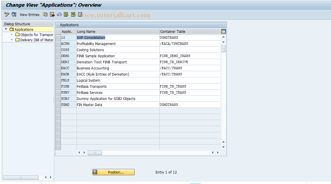 SAP TCode FINB_TR_CUST - FINB Transport Tool: Customizing
