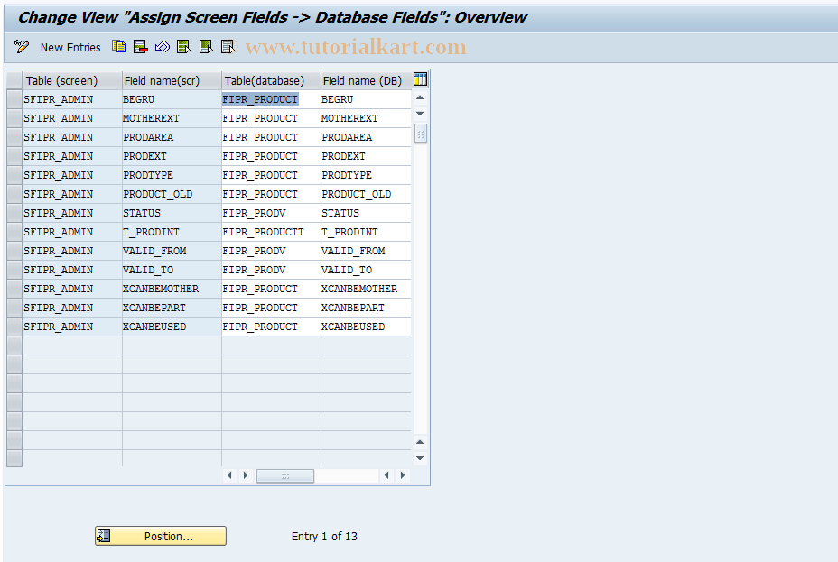 SAP TCode FIPRB11 - FIPR Control: Assgt Scrn->DB Field