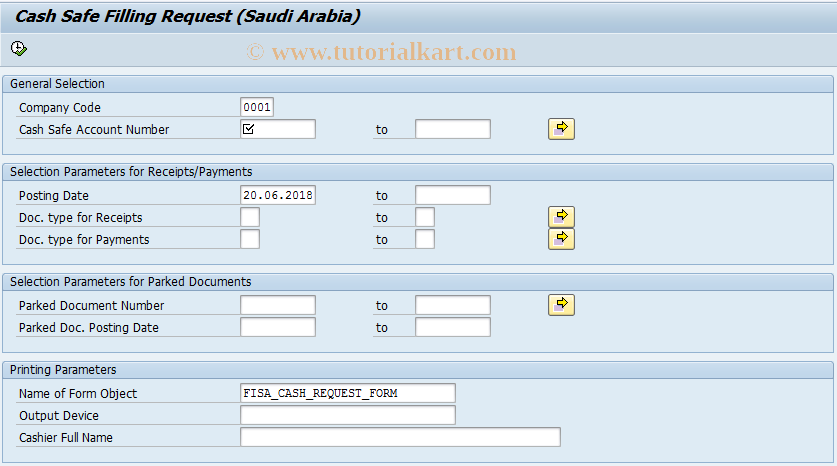 SAP TCode FISA_CASHREQ - Cash Safe Filling Request