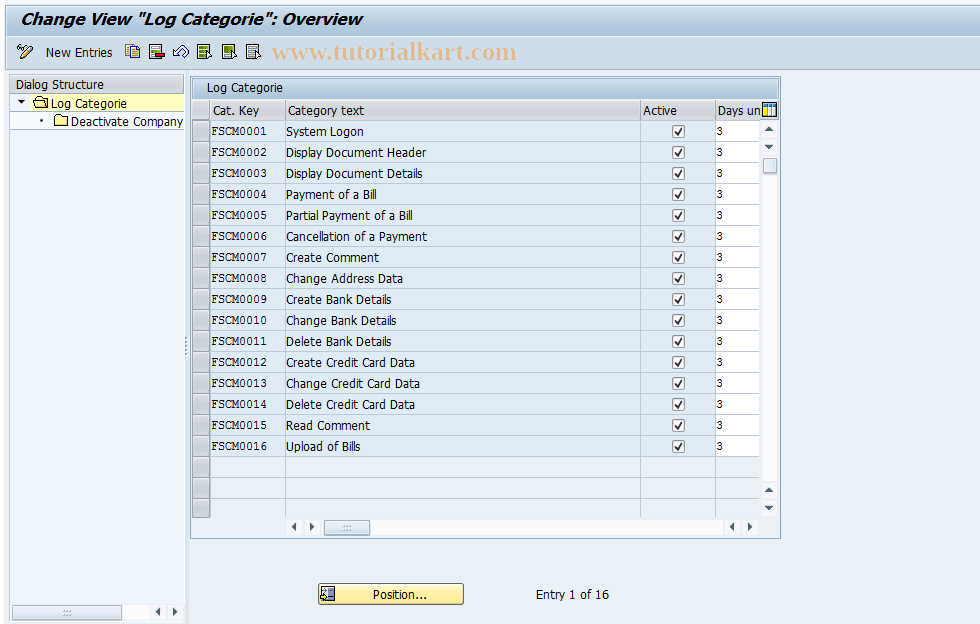 SAP TCode FISPLOGCUST - Customizing for Log Categories