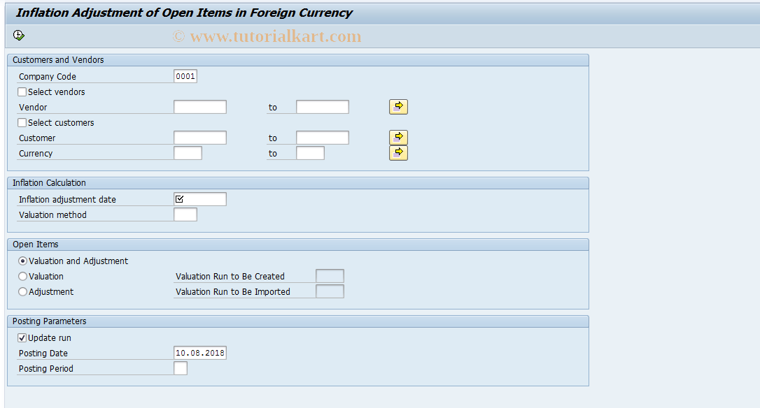 SAP TCode FJA4 - Infl. Adjustment of Open Items (FC)