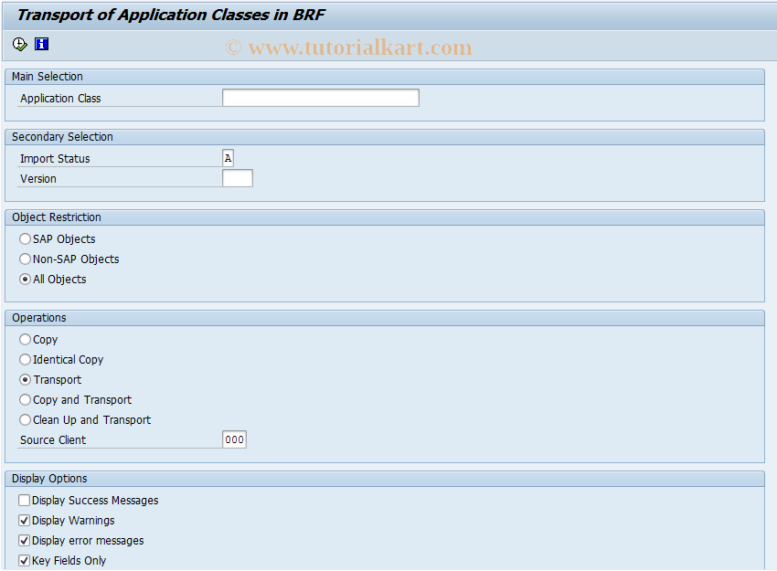 SAP TCode FKKBRFTRANS - BRF:Transport of Application Classes