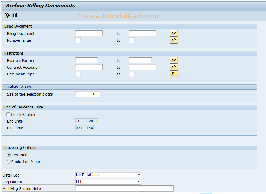 SAP TCode FKKINVBILL_ARCH - Archive Billing Documents