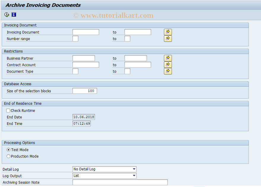 SAP TCode FKKINVDOC_ARCH - Archive Invoicing Documents
