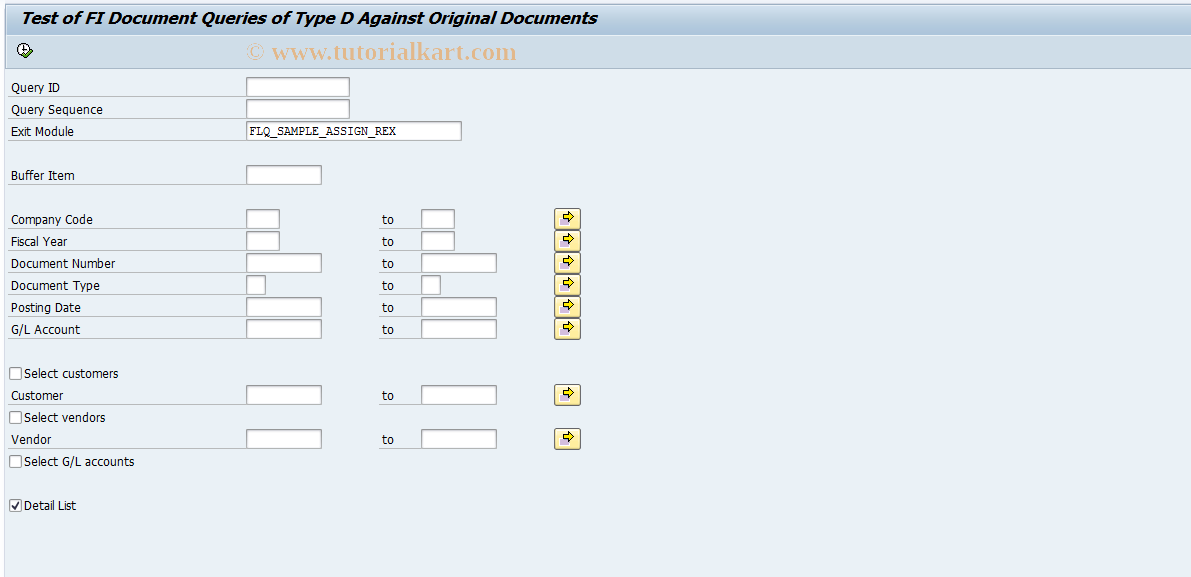 SAP TCode FLQQD7 - Test Query (Other FI Document)