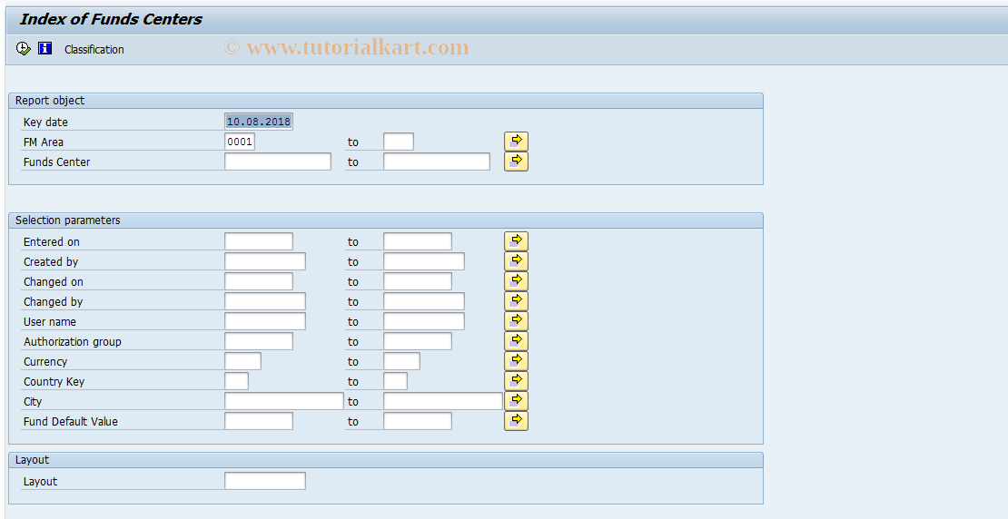 SAP TCode FM2M - Index of Funds Centers