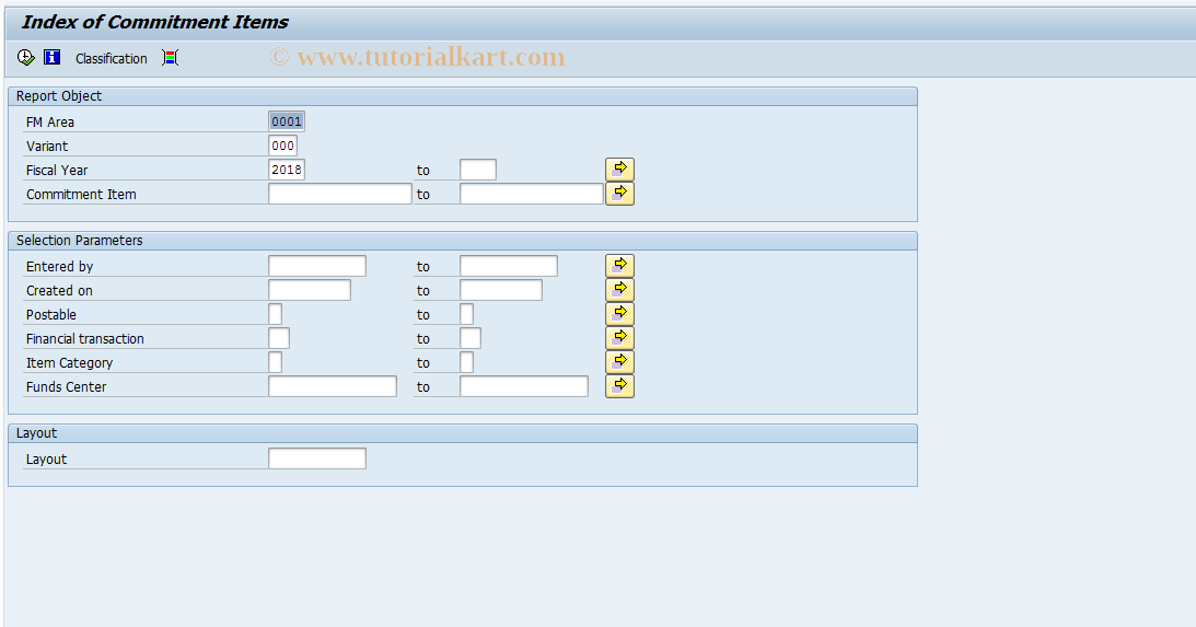 SAP TCode FM3M - Index of Commitment Items