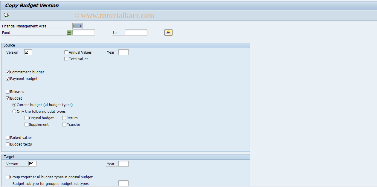 SAP TCode FM9B - FM: Copy Budget Version